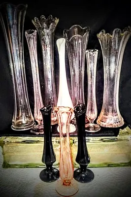 10 PC Lot Vintage Glass Table & Bud Swung Vases Black Pink Crystal • $70
