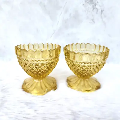 Vintage Yellow Shade Glass Egg Cup Holder Pair Kitchenware Old Collectible GL193 • $100.50