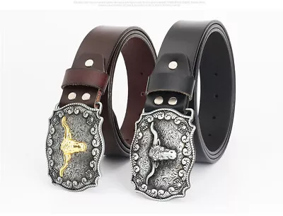 Western Cowboy Leather Belt Mens Jeans Accessories Large  Head Buckle 90-130CM • £9.67