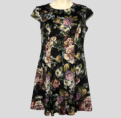 Gabby Skye Womens Dress 14 Black Stretch Knit Floral Fit Flare Exposed Zip Party • $20.69