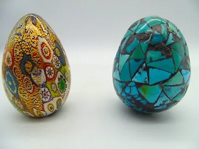 LOT Of 2 Handmade Eggs ~ TURQUOISE Inlaid & MURANO GLASS Golden Quilt MILLEFIORI • $73