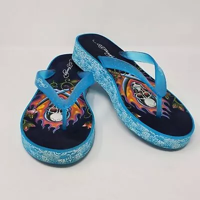 Vintage Ed Hardy Y2k Graphic Flip Flops Sandals Blue Skull Fire Woman 8 - 8.5 • $35