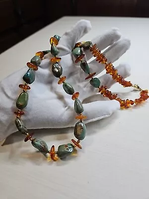 Vintage 80s CHUNKY Green Brown Turquoise & Pressed Amber Strand Necklace 28   • $35