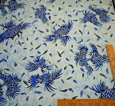 Quilt Fabric By Yard Tropical Blue Black Birds Feathers On Lt Blue Cotton Vtg • $8.49