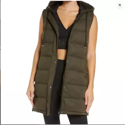 Zara Long Puffer Vest With Hoodie Green Large • $35