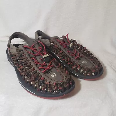 Keen Uneek Mens Sz 10 Brown Red Braided Rope Paracord Bungee Sandals Vibram Sole • $33.25