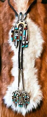 Vintage Zuni Inlay Rainbow Man Bolo Tie Stamped Oliver Cellcion Mid-1970's • $675