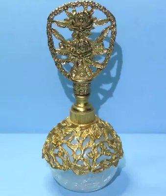 Vintage Matson Gold Tone Roses Crackle Glass Perfume Bottle W/Dauber 6.5  Tall • $52.50