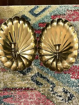 2 Vintage Beautiful Art Deco Brass Shell Candle Wall Sconces. LARGE Gorgeous • $120