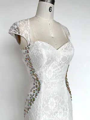 White Prom Dress Size 10 Beaded Lace Dress Mermaid Cut Out Dress Wedding Sz 10 • $159.92