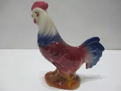 Vintage Rooster Figurine Ceramic Colorful Hand-painted Blue Burgundy 5 5/8  T • $23.24