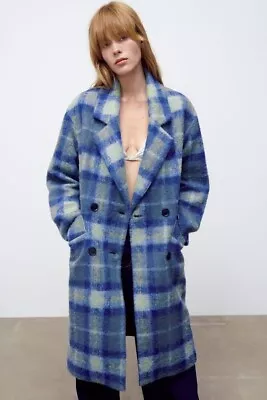 ZARA Blue Indigo Wool Blend Check Coat Size Small-Medium • $78