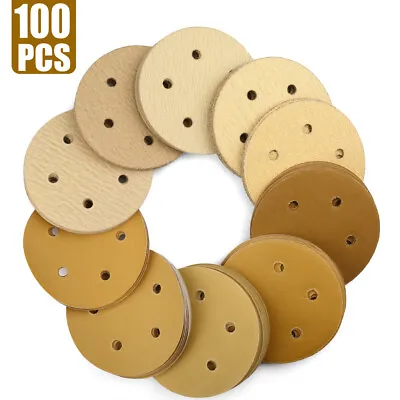 100PC 5 In Gold Sanding Discs 60-1000 Grit Hook Loop 5-Hole Orbital Sander Paper • $18.99