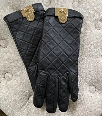 Michael Kors Quilted Leather Hamilton Lock Black Leather Quilted Gloves M • $39.99