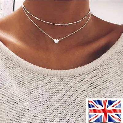 Necklace Double Layer Heart Chain Hot Multilayer Choker Pendant  Gold Silver UK • £3.89