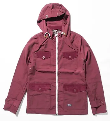 Burgundy Dstruct Project D Pane N Hooded Zip Festival Pocket Coat Parka Jacket • £18.99