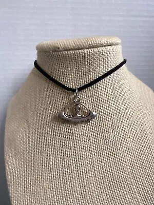 Silver Alien Charm Choker Black Faux Suede Enamel Necklace 90s Retro Jewelry • $3.50