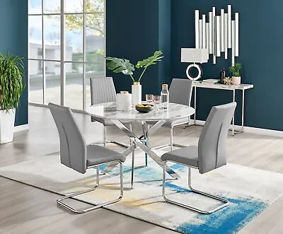 Novara White Marble Round Dining Table 120cm And 4 Lorenzo Chairs Furniture Set • £479.99