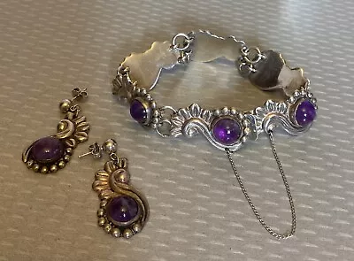 MCM Vintage Mexico Sterling Silver Amethyst Cabochon Bracelet Dangle Earring Set • $175