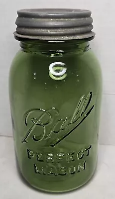 OLIVE GREEN BALL PERFECT MASON Quart Fruit Jar With Lid Damage Free Outstanding! • $125