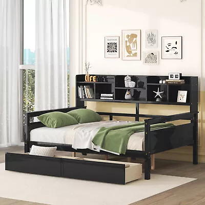 Full Size Daybed Wood Slatted Sofa Bed With Bedside Shelf + Two Drawers Espresso • $489.99