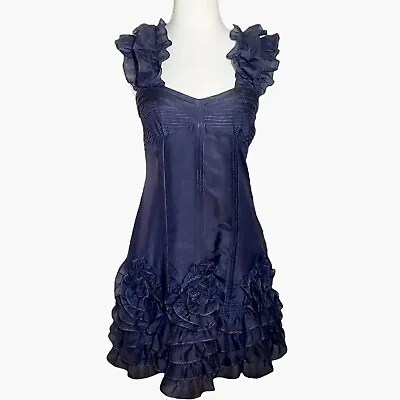 Minuet Sleeveless Blue Dress Women’s Size M L Ruffle Rosette Cotton & Silk • $19.90