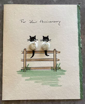 Vintage Cats On Fence Real 3D Pussy Willow Bodies Anniversary Greeting Card • $3.50