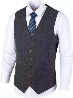 Mens Tweed Vest Herringbone Full Back Wool Blend V-Neck Slim Fit Waistcoat • $64.27