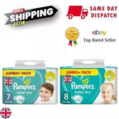 Pampers Baby-Dry Size 7 8 Nappies Nappy Diapers Jumbo+ Pack 15+Kg 17+Kg Uk • £15.79