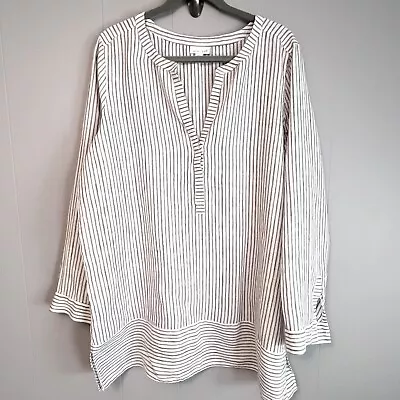 J Jill  Love Linen 100% Linen White Gray Striped Tunic Top V-Neck Long Sleeve XL • $24