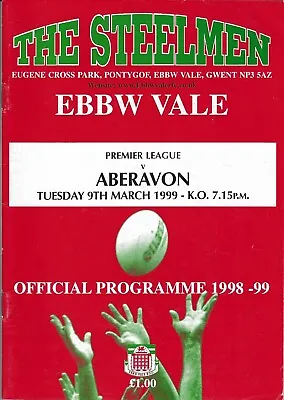 Ebbw Vale v Aberavon 9 Mar 1999 Ebbw Vale RUGBY PROGRAMME • £4.99