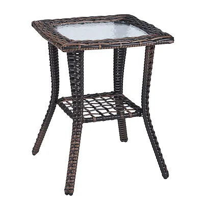 Outdoor Wicker Side Table Rattan End Table With Glass Top Patio Coffee Bistro • $42.99