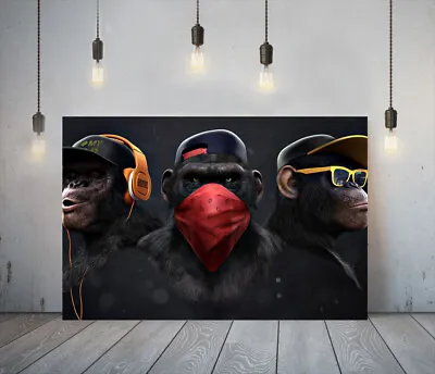 Banksy 3 Swag Monkeys -deep Framed Canvas Wall Art Picture Paper Print- Orange • £19.99