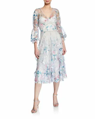 NWT Marchesa V-Neck Embroidered Tulle Cocktail Dress In White - Size 4 #D3078 • $339.99