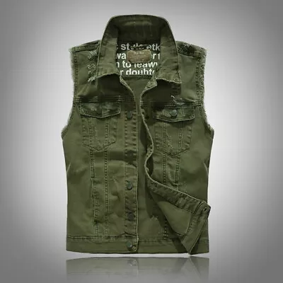 Mens Punk Denim Ripped Vest Jacket Sleeveless Buttons Distressed Waistcoat Biker • $34.98