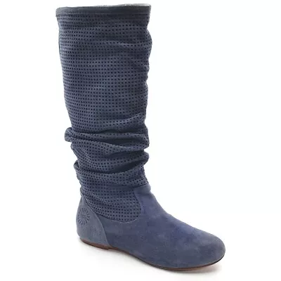 Ladies UGG Abilene Knee Boot 7.5 / 38.5 Blue Perforated Suede Pull Up Flat Shoes • $64.99