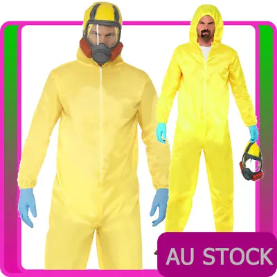 Mens Breaking Bad Costume Hazmat Suit Adult Hazard Chemical Yellow Jumpsuit Mask • $52.24