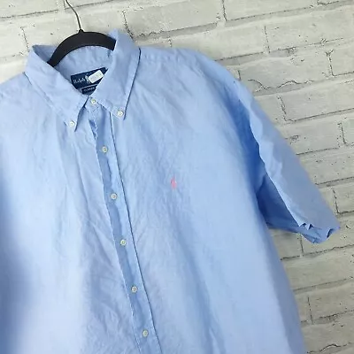 Mens Ralph Lauren Linen Shirt Size XXL 3XL XXXL Blue Short Sleeve Logo • £29.99