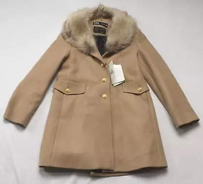 $113.99 • Buy Zara Women's Straight Cut Wool Blend Faux-Fur Collar Coat LV5 Light Tan Medium