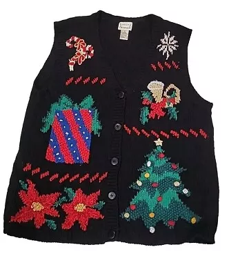 Hasting & Smith Christmas Ugly Sweater  Vest Tree Poinsettia Gift Horn Sz Medium • £12.97