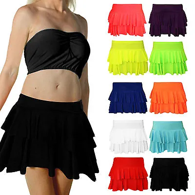 £6.99 • Buy New Girls Women's Rara Two Tier Frill Gym Dance Neon Plain Mini Party Skirt S-XL