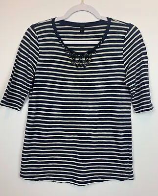 J. Crew Women's Size Small Navy Blue Jeweled Neckline Painter Striped Shirt EUC • $15.29