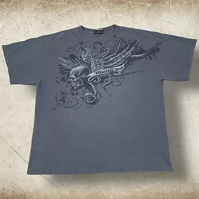 Vintage Y2K Miami Ink Skull Tattoo T-Shirt Size XL Gray Grunge Faded Cyber Goth • $39.99