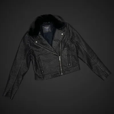 Abercrombie & Fitch Faux Leather Moto Jacket Vegan Black Medium Plush Collar • $49