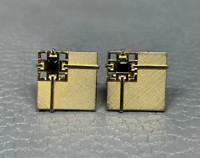 Vintage Brushed Finish Reticulated Corner Onyx Yellow Gold Plated Cuff Links • $19.95