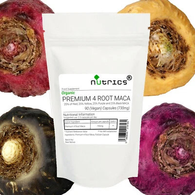 £9.99 • Buy Nutrics® Organic Pure PREMIUM 4 ROOT MACA 730mg Capsules Black Red Purple Yellow