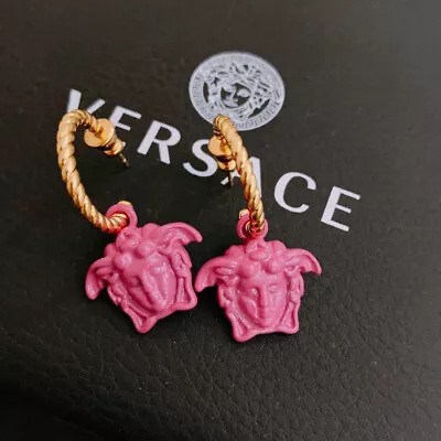 Versace Pink Rose Earrings Hoop Dangle 3D Medusa Head • $179