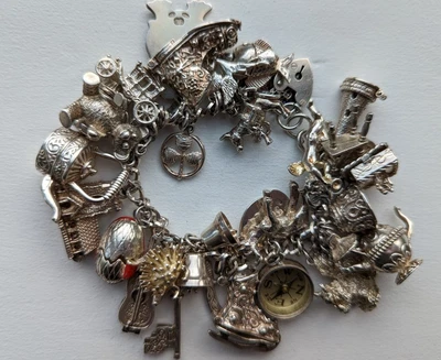 £155 • Buy Vintage Bracelet 34 Beautiful Charms Baby Girl 18th Gift 143g Sterling Silver
