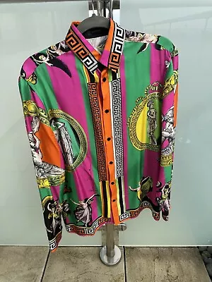 VERSACE Men's Stampata Graphic Silk Sport Shirt EU38 Collar IT 46 Small UK 15 • £200