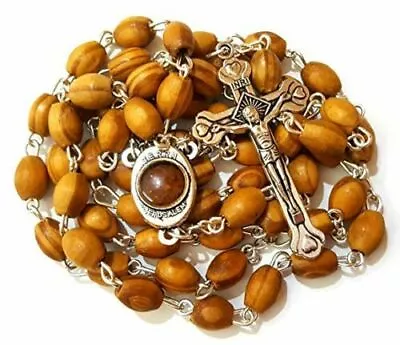 Blessed Catholic Rosary Necklace Olive Wood Oval Beads Jerusalem Soil Crucifix • $9.45